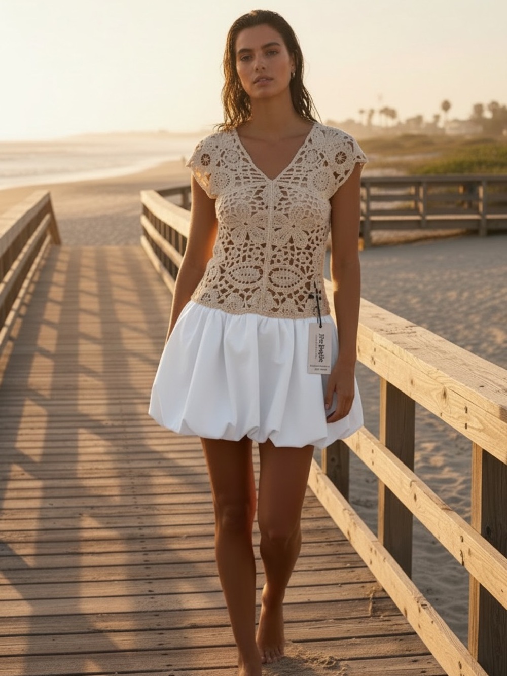 New Free People Kinsley Crochet Mini Dress Summertime Sunset Walks on the  Beach - Picture 3 of 8